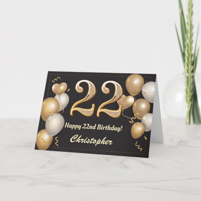 22nd Birthday Black and Gold Balloons Birthday Card (Front)