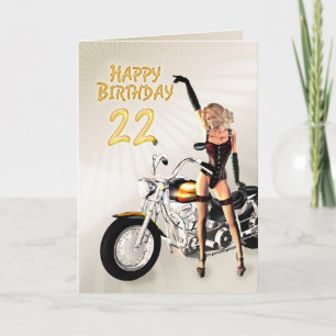 22nd Birthday card with a motorbike girl
