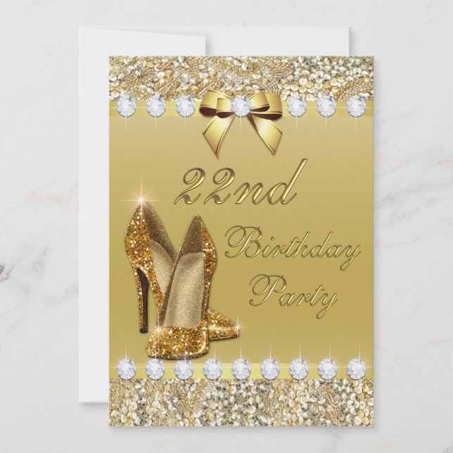 22nd Birthday Classy Gold Heels Sequins Diamonds Invitation (Front)