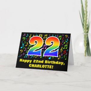 22nd Birthday: Colorful Music Symbols & Rainbow 22 Card