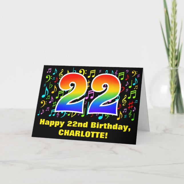 22nd Birthday: Colorful Music Symbols & Rainbow 22 Card (Front)