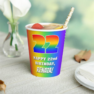 22nd Birthday: Colourful, Fun Rainbow Pattern # 22 Paper Cups