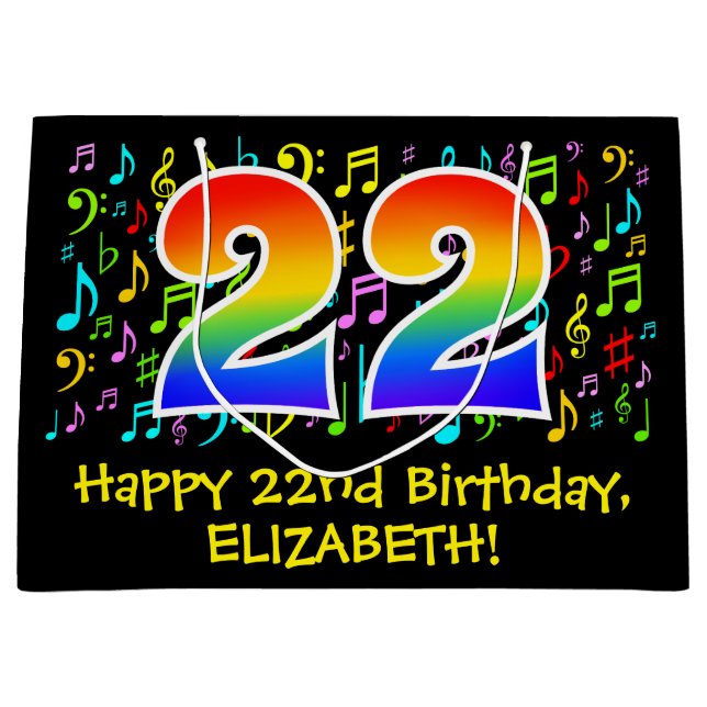22nd Birthday - Colourful Music Symbols, Rainbow 2 Large Gift Bag (Front)