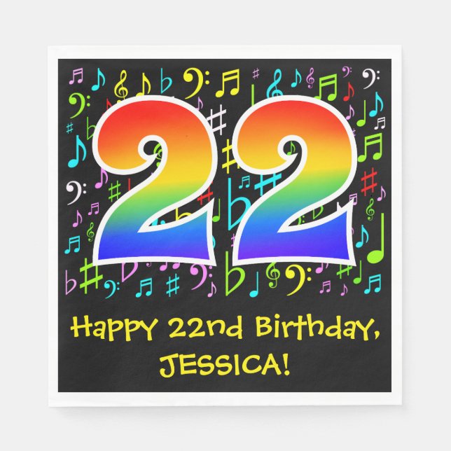 22nd Birthday - Colourful Music Symbols, Rainbow 2 Napkin (Front)