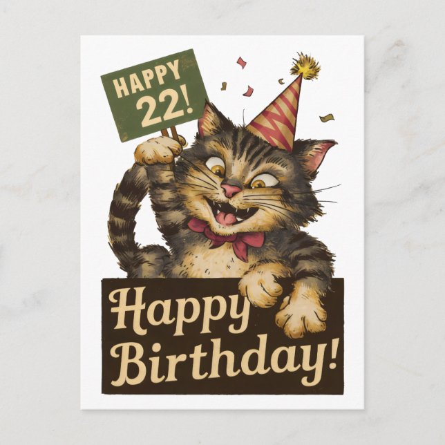 22nd birthday cute funny cat vintage postcard (Front)
