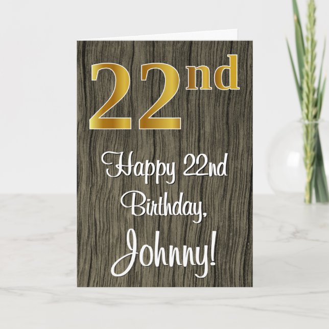 22nd Birthday: Elegant Faux Gold Look #, Faux Wood Card (Front)