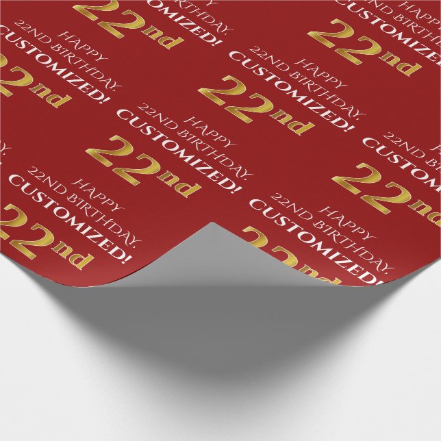 22nd Birthday: Elegant, Red, Faux Gold Look Wrapping Paper (Corner)