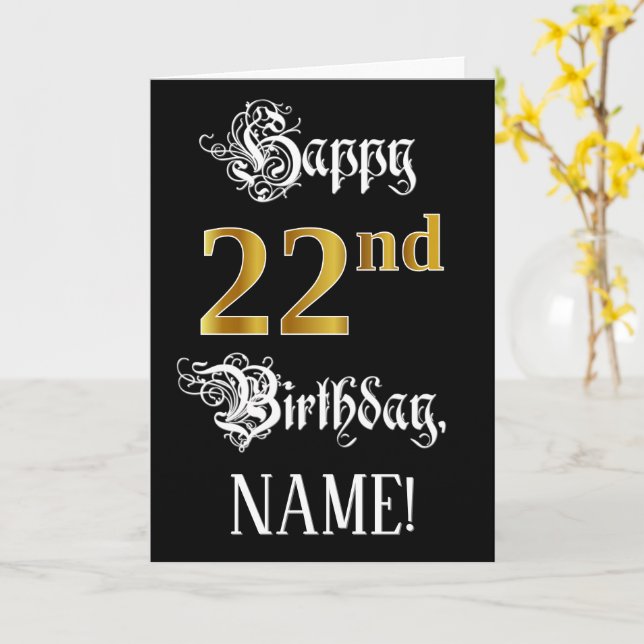 22nd Birthday — Fancy Script; Faux Gold Look; Name Card (Yellow Flower)