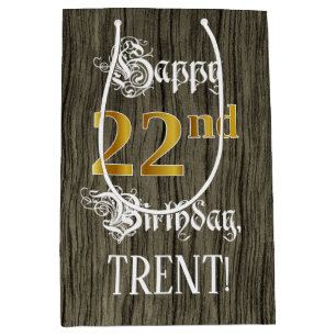 22nd Birthday: Faux Gold Look & Faux Wood Pattern Medium Gift Bag