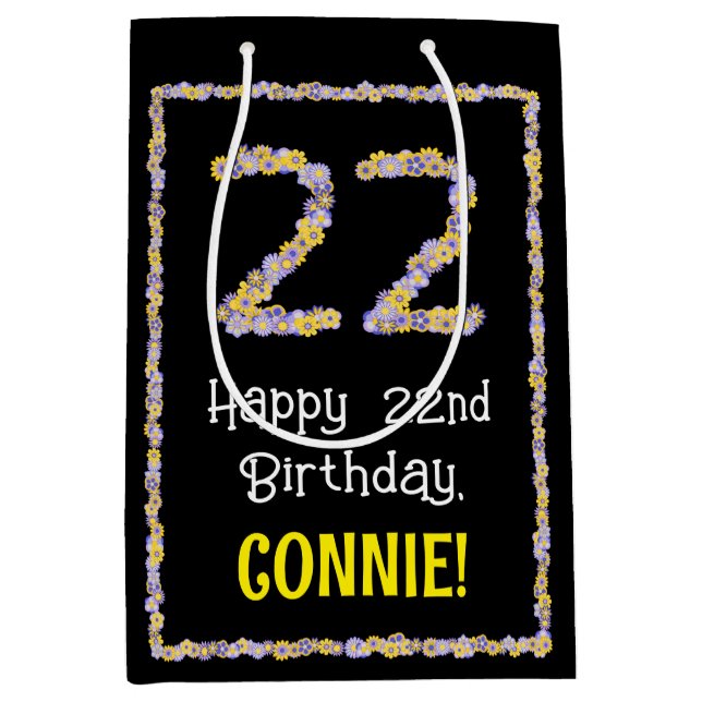 22nd Birthday: Floral Flowers Number, Custom Name Medium Gift Bag (Front)