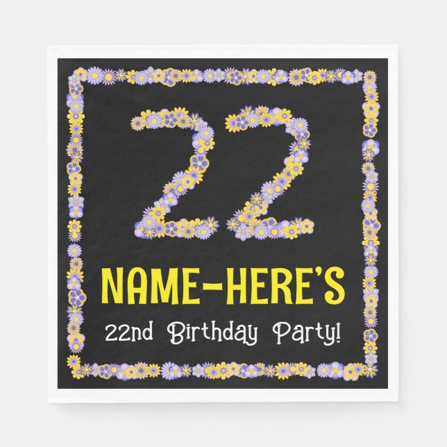 22nd Birthday: Floral Flowers Number, Custom Name Napkin (Front)