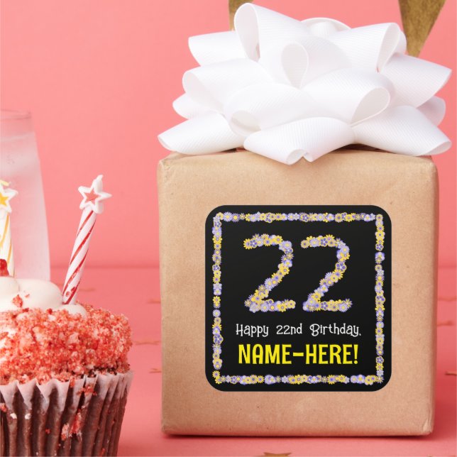 22nd Birthday: Floral Flowers Number, Custom Name Square Sticker (Party)
