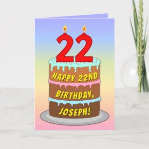 22nd Birthday — Fun Cake & Candles, w/ Custom Name Card