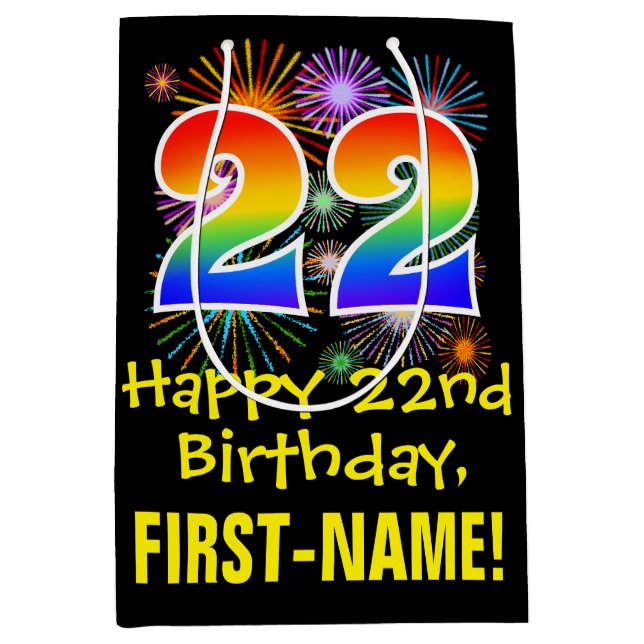 22nd Birthday: Fun Fireworks Pattern + Rainbow 22 Medium Gift Bag (Front)
