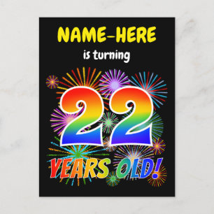22nd Birthday - Fun Fireworks, Rainbow Look "22" Postcard