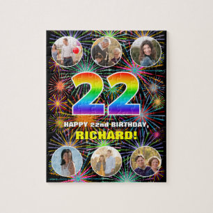 22nd Birthday: Fun Rainbow #, Custom Name + Photos Jigsaw Puzzle