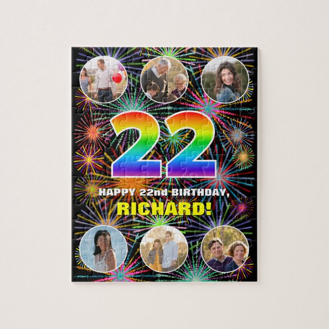 22nd Birthday: Fun Rainbow #, Custom Name + Photos Jigsaw Puzzle (Vertical)