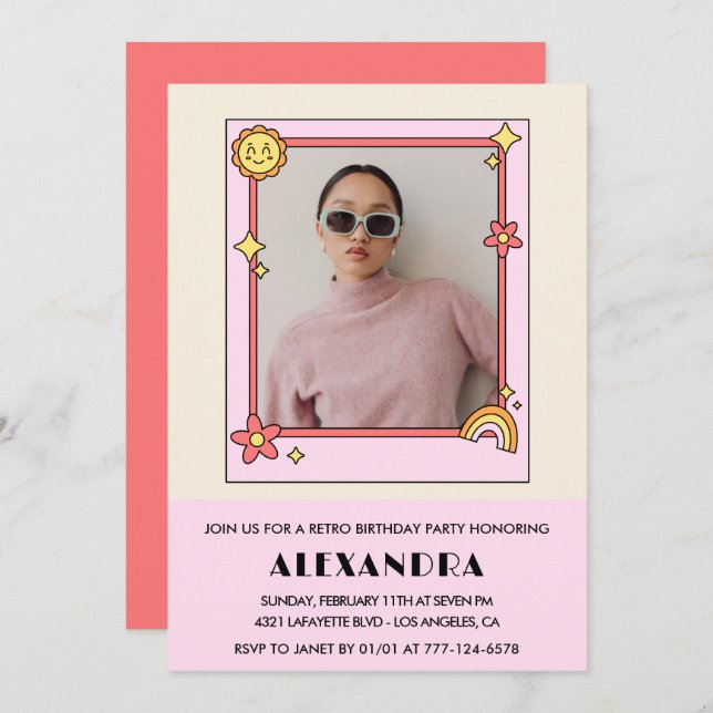 22nd birthday invitation Retro Groovy Pink Floral (Front/Back)