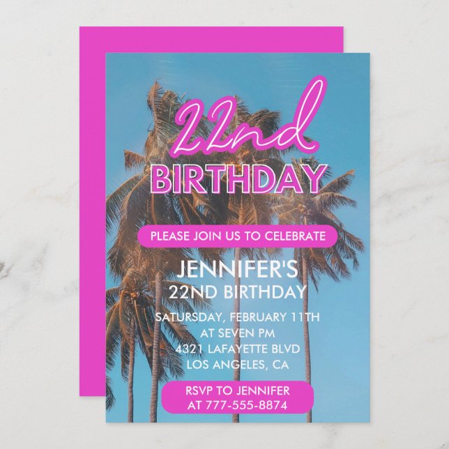 22nd birthday invitation Summer Pink Palm tree (Front/Back)