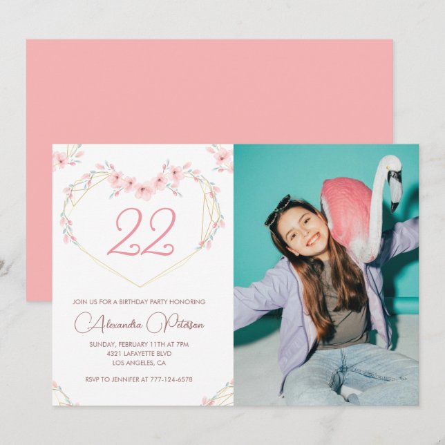22nd birthday invitations Boho Floral Photo (Front/Back)