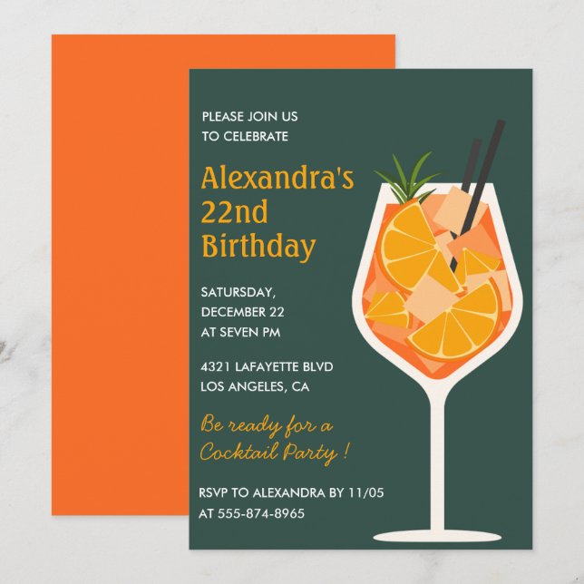 22nd birthday invitations Cocktail Elegant Modern (Front/Back)