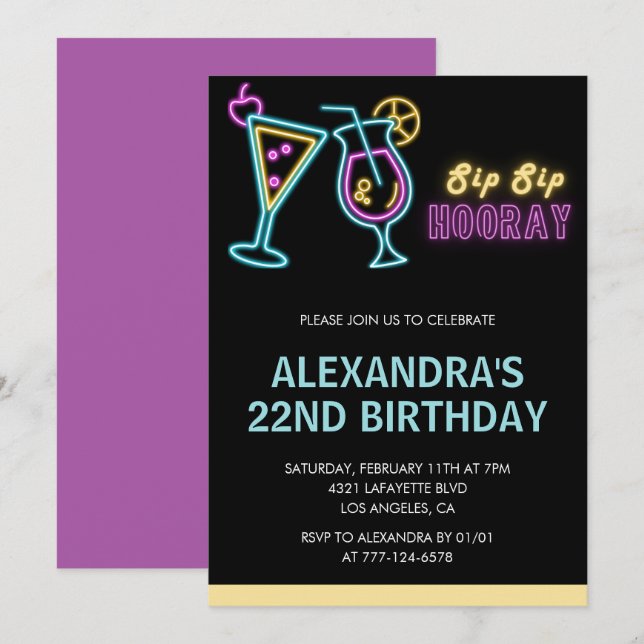22nd birthday invitations Cocktail Neon Glow (Front/Back)