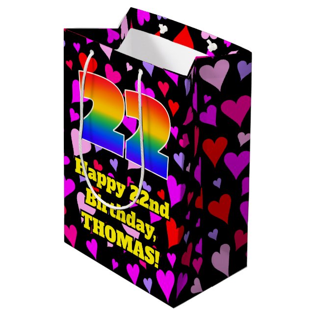 22nd Birthday: Loving Hearts Pattern, Rainbow # 22 Medium Gift Bag (Back Angled)