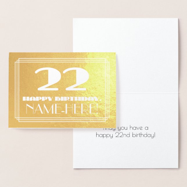22nd Birthday: Name + Art Deco Inspired Look "22" Foil Card (Display)