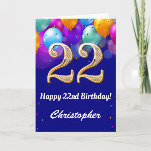 22nd Birthday Navy Blue and Gold Colourful Balloon Card