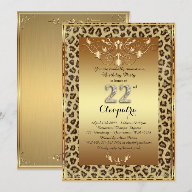 22nd, Birthday Party 22nd, Royal Cheetah gold plus Invitation (Front/Back)
