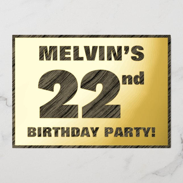 22nd Birthday Party — Bold, Faux Wood Grain Text (Front)