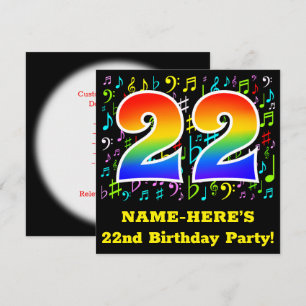 22nd Birthday Party: Fun Music Symbols, Rainbow 22 Invitation