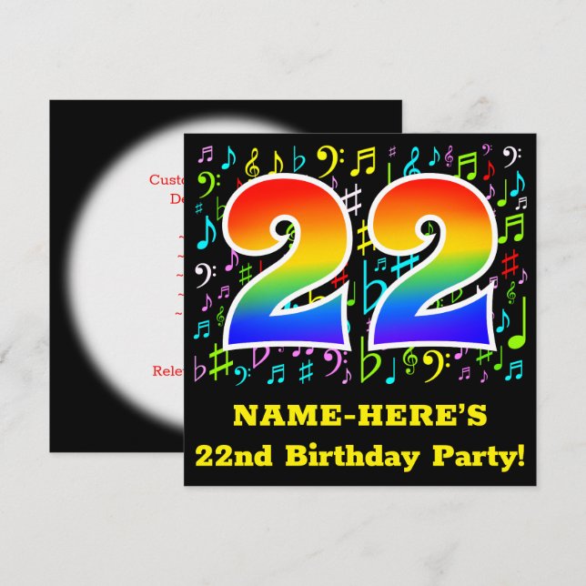 22nd Birthday Party: Fun Music Symbols, Rainbow 22 Invitation (Front/Back)