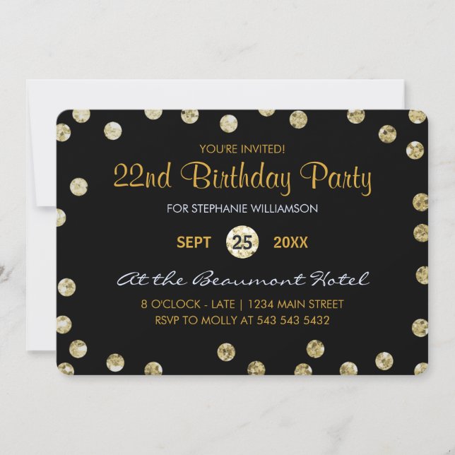 22nd Birthday Party Gold Glitter Confetti Invitation (Front)