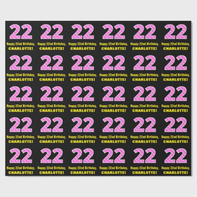 22nd Birthday: Pink Stripes and Hearts "22" + Name Wrapping Paper (Flat)