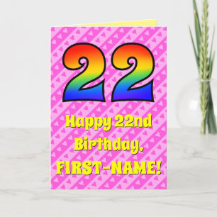 22nd Birthday: Pink Stripes & Hearts, Rainbow # 22 Card