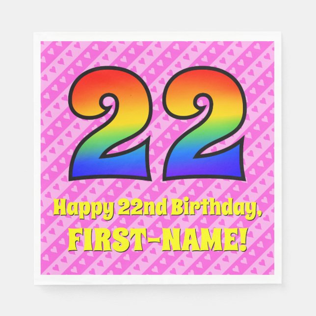 22nd Birthday: Pink Stripes & Hearts, Rainbow # 22 Napkin (Front)