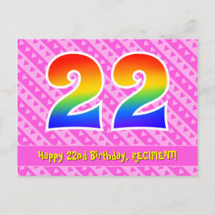 22nd Birthday: Pink Stripes & Hearts, Rainbow 22 Postcard