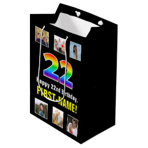 22nd Birthday: Rainbow “22“, Custom Photos & Name Medium Gift Bag