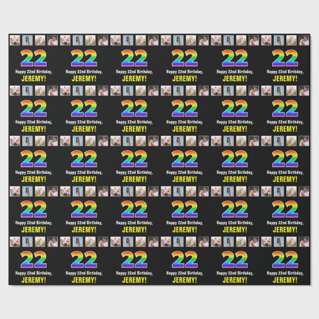 22nd Birthday: Rainbow “22“; Custom Photos & Name Wrapping Paper (Seam)