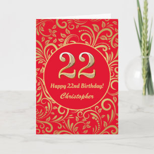 22nd Birthday Red and Gold Floral Pattern Card
