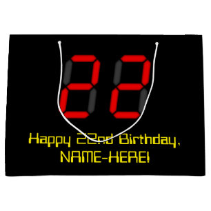 22nd Birthday: Red Digital Clock Style "22" + Name Large Gift Bag