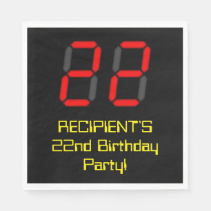 22nd Birthday: Red Digital Clock Style "22" + Name Napkin
