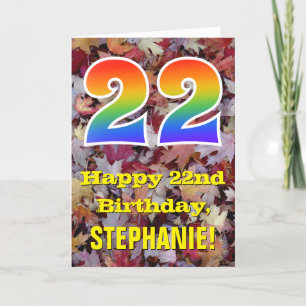22nd Birthday; Rustic Autumn Leaves; Rainbow "22" Card
