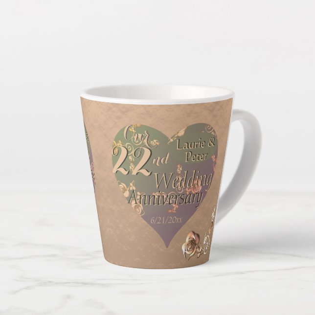 22nd Copper Wedding Anniversary Rose Hearts Latte Mug (Right Angle)