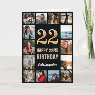 22nd Happy Birthday Black and Gold Photo Collage Card