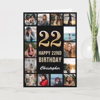 22nd Happy Birthday Black and Gold Photo Collage Card