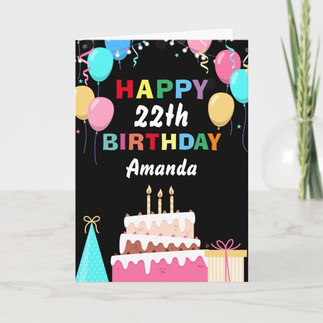 22nd Happy Birthday Colourful Balloons Cake Black Card (Front)