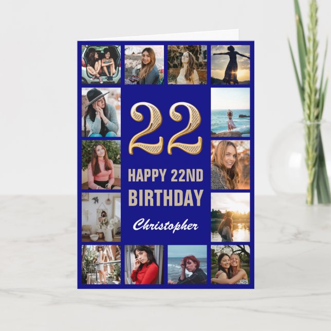 22nd Happy Birthday Navy Blue & Gold Photo Collage Card (Front)