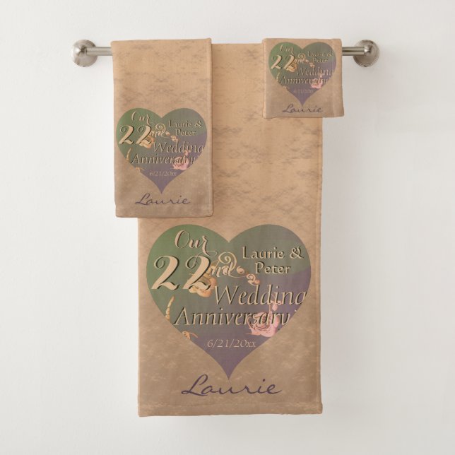 22nd Wedding Anniversary Copper Rose HeartsTowel Bath Towel Set (Insitu)